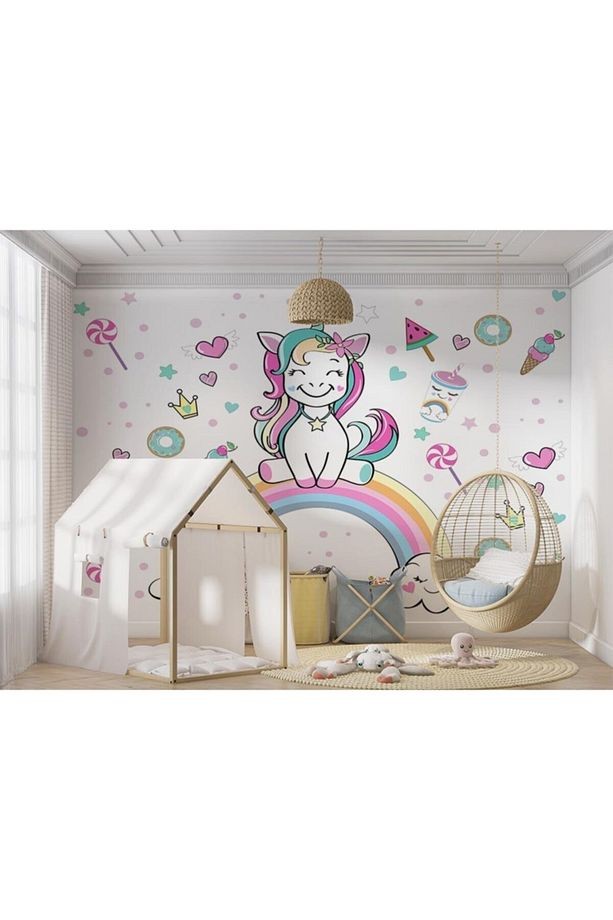 Unicorn Gökkuşağı Çocuk Odası Duvar Kağıdı