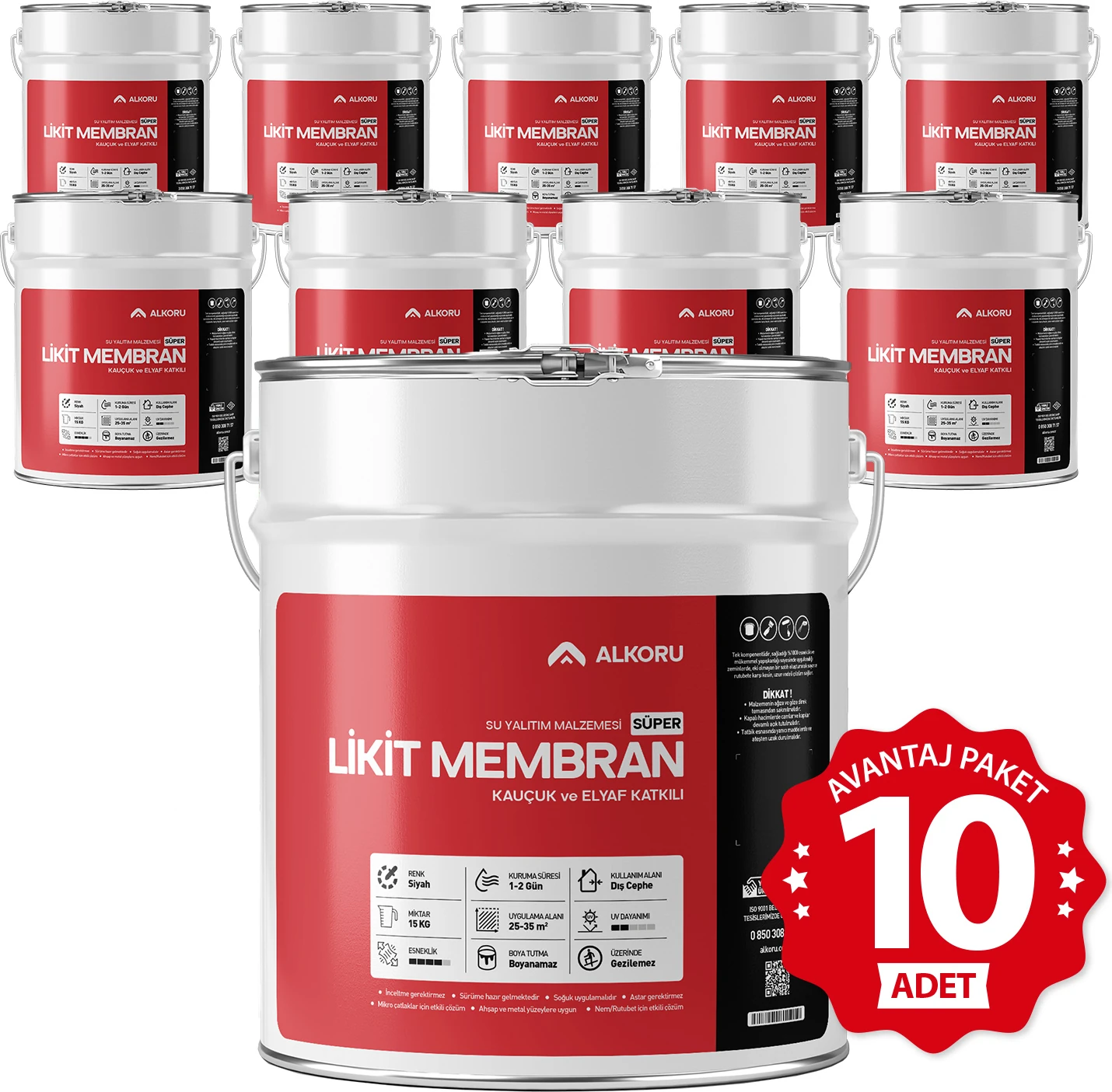 10 Adet 15 kg Süper Likit Membran Kauçuk ve Elyaf Katkılı Sıvı Su Yalıtım Malzemesi Avantaj Paket