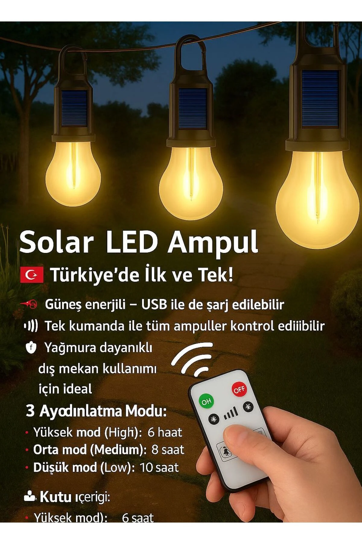 Taşınabilir Solar USB Şarjlı Led Ampül Outdoor Kamp Bahçe Lambası Askılı Kırılmaz Led Işık Kumandalı