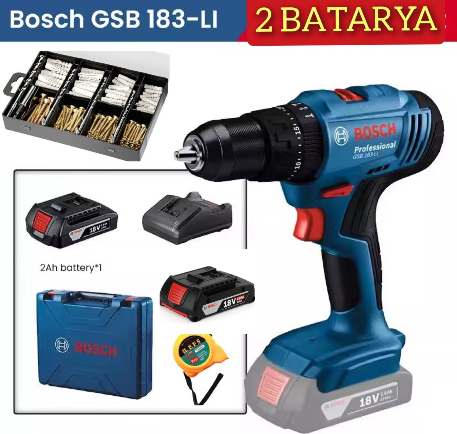 BOSCH Gsb 183 Li Çift Bataryalı Darbeli Akülü Vidalama,  173 Parça Matkap Ucu Seti ve Metre