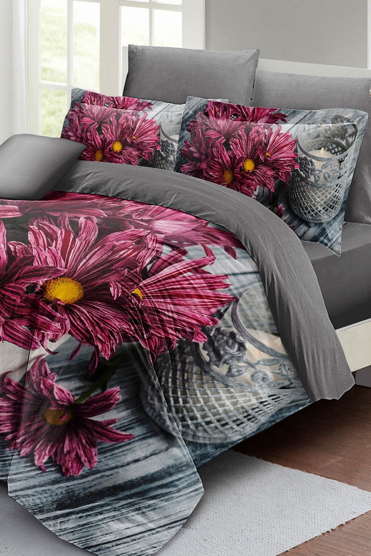 Kıng Sıze Papatya Rüyası Çift Kişilik Nevresim Takımı 3d Pamuk Saten 220x240cm