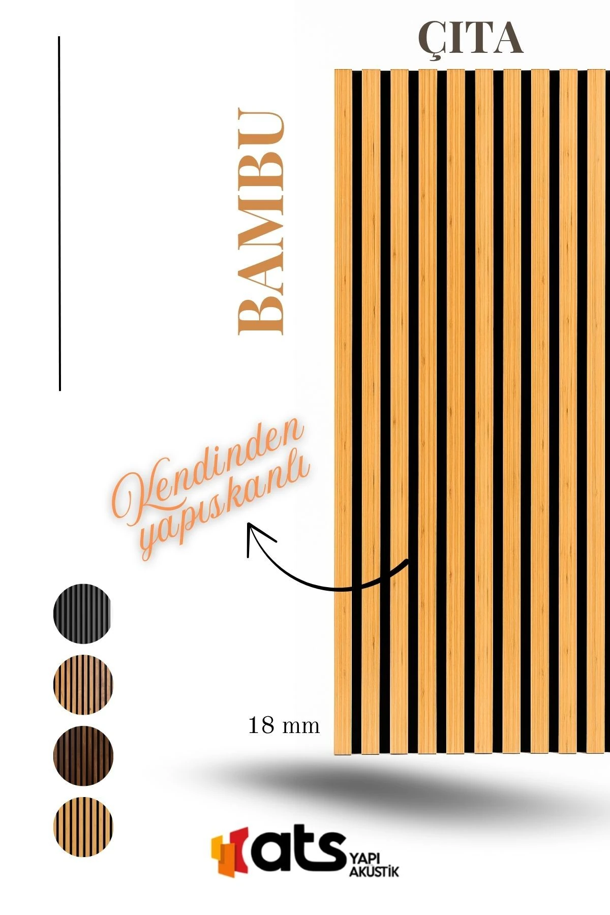 Bambu Kendinden Yapışkanlı Duvar Çıta – 12 Adet | 120 cm Uzunluk | 18 mm Kalınlık Dekoratif Panel