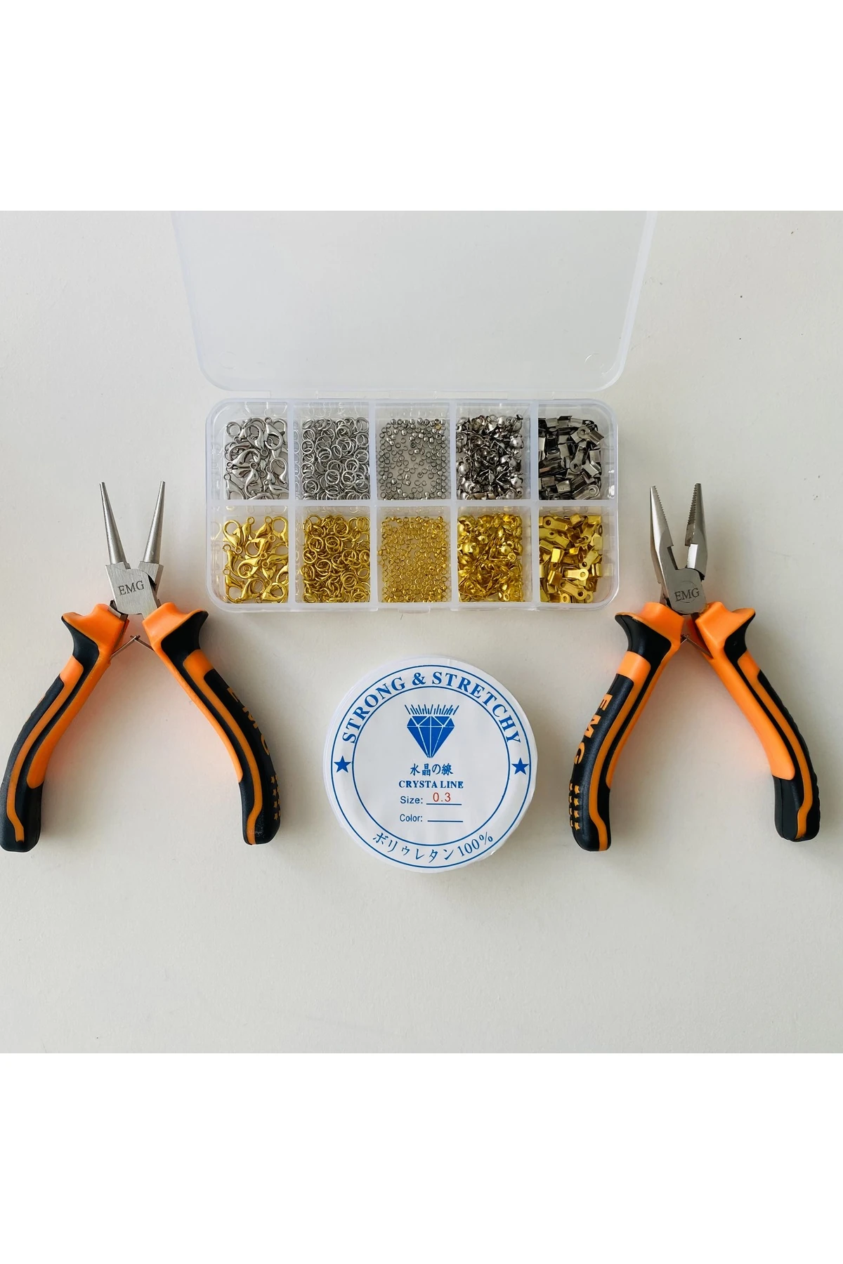 KUTULU SET 9 - 530 ADET TAKI YAPIM VE TAMİR SETİ - ALTIN VE GÜMÜŞ RENK - PENSE VE MİSİNELİ