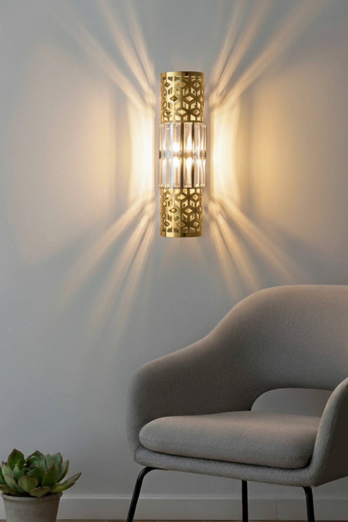 Star Aplik Gold, Pilli Aplik, Anahtarlı, Pilli Elektrikli Ledli Duvar Aplik, KRİSTAL TAŞLIDIR