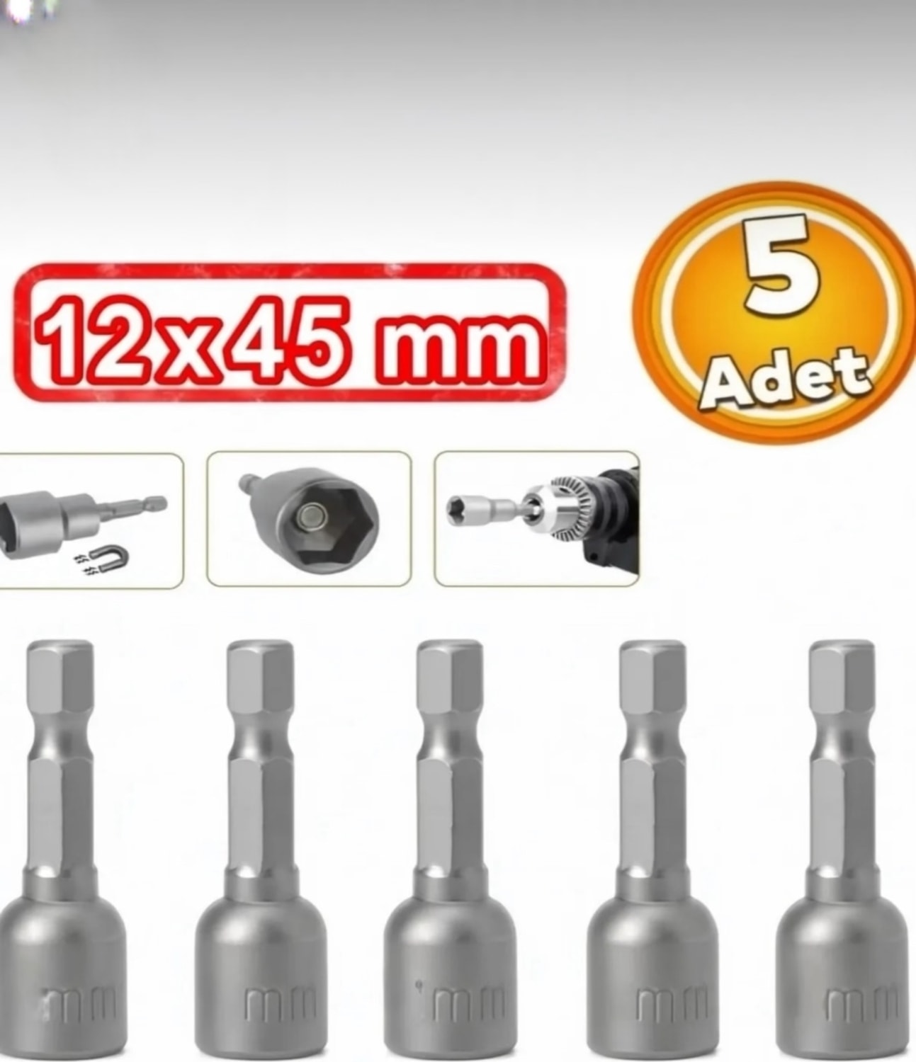 Manyetik Somun Sıkma Adaptörü Çatı Vidası Sıkma 12 mm (5 Adet)