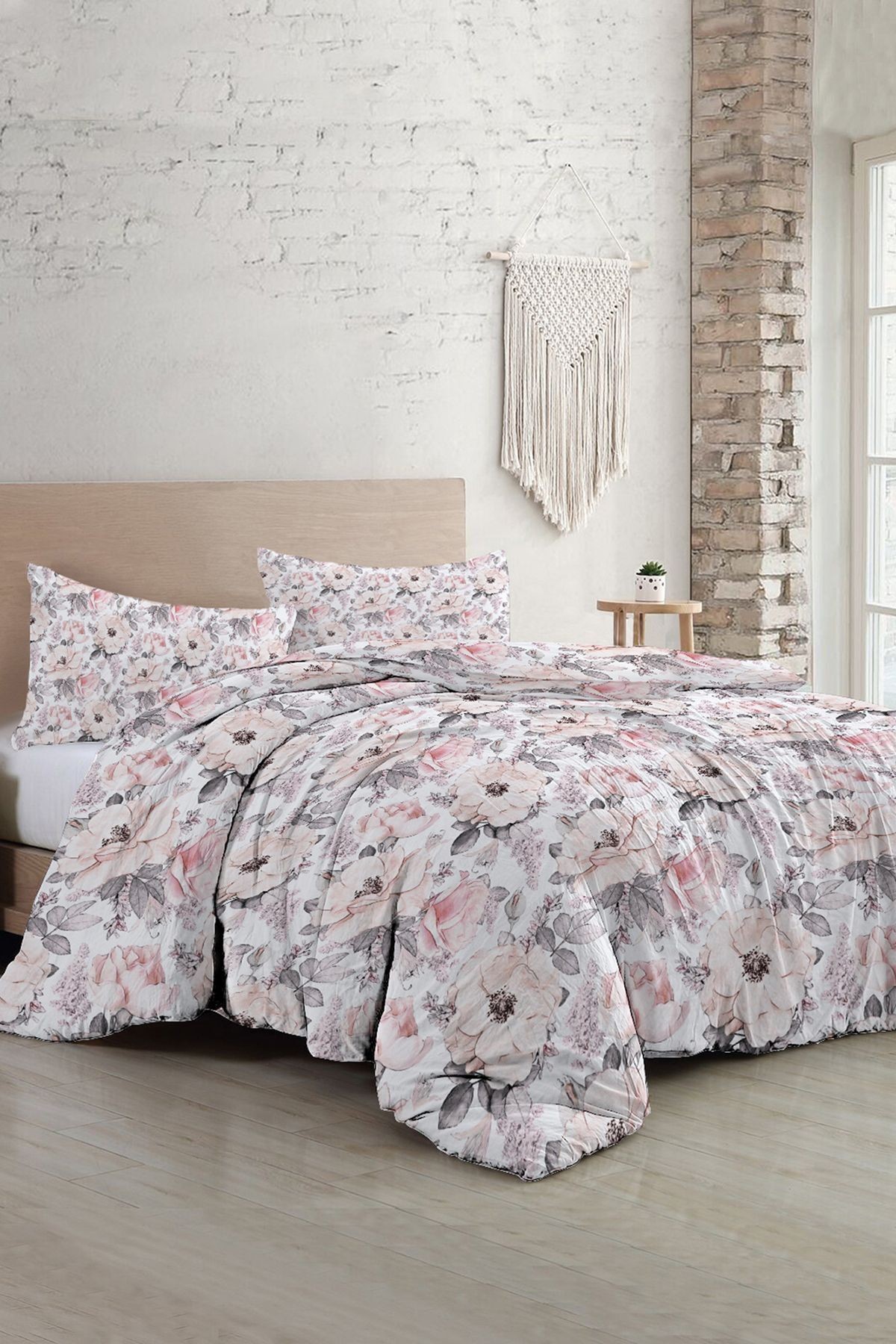 Lastikli Çarşaflı %100 Pamuk Saten Çift Kişilik Nevresim Takımı Dream Roses Luxury