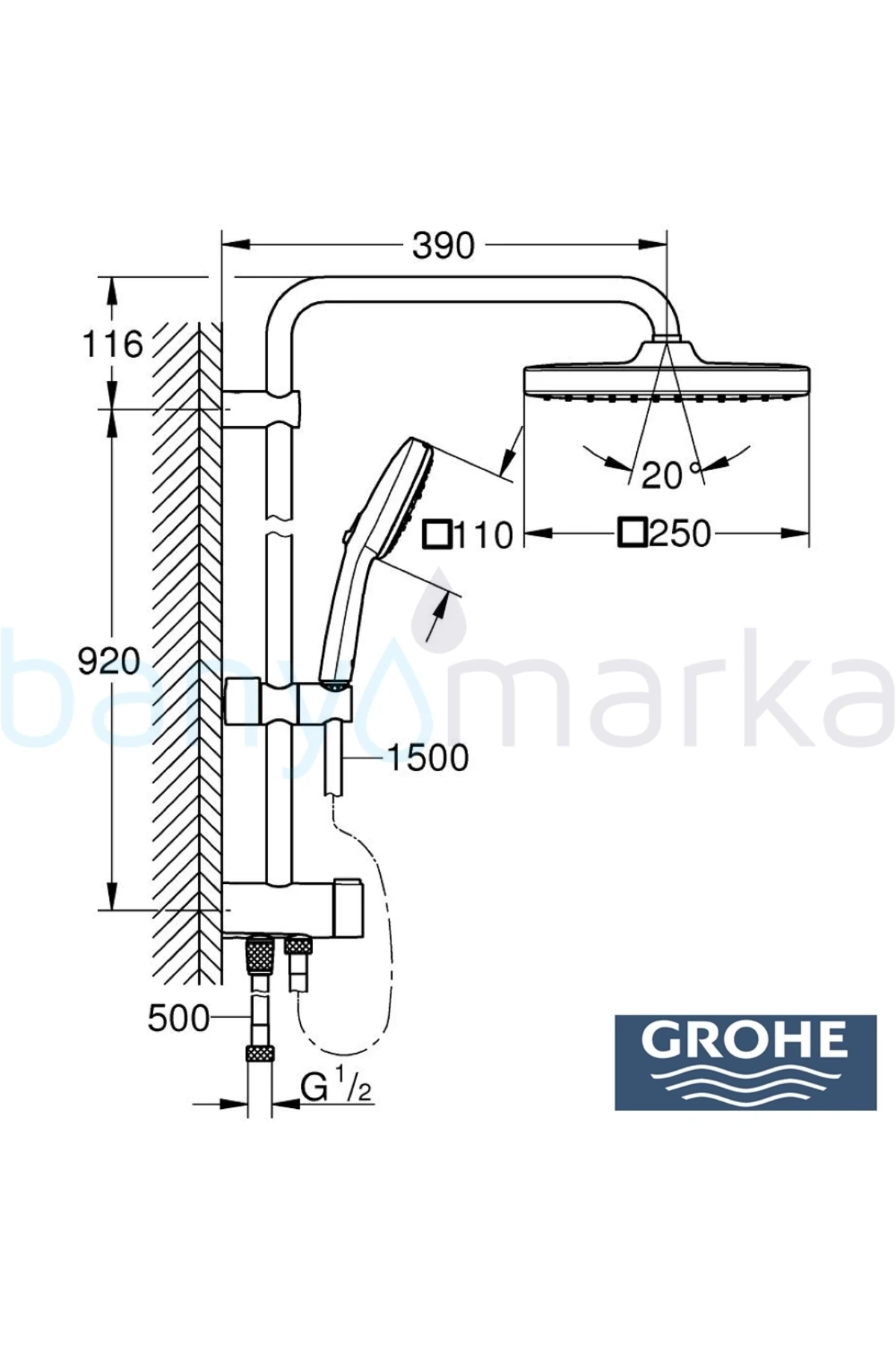 Tempesta System 250 Cube Kare Duş Başlıklı Duvara Monte Duş Sistemi - 26694001