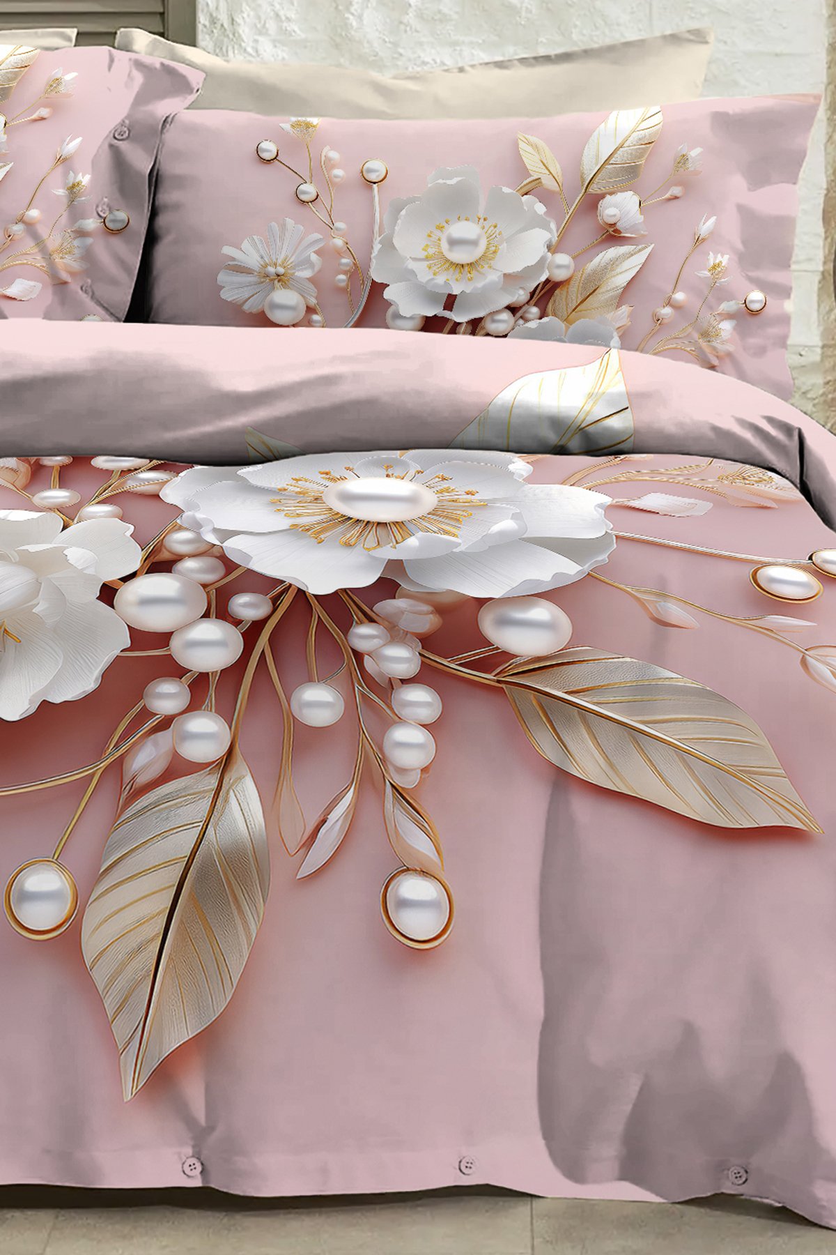 %100 Pamuk Ranforce Çeyizlik Luxury 5d Dijital Çift Kişilik Nevresim Takımı Pink Pearls