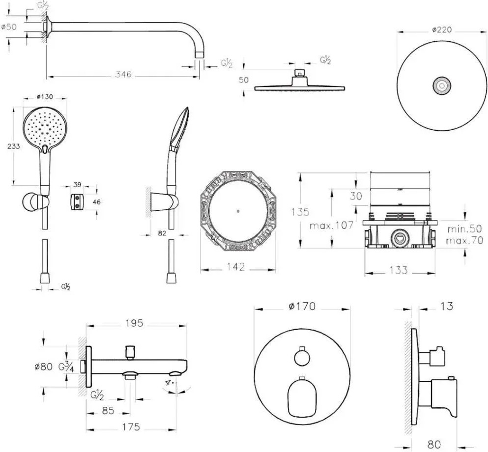 A49279 Root Round Ankastre Termostatik Duş Seti Shine S
