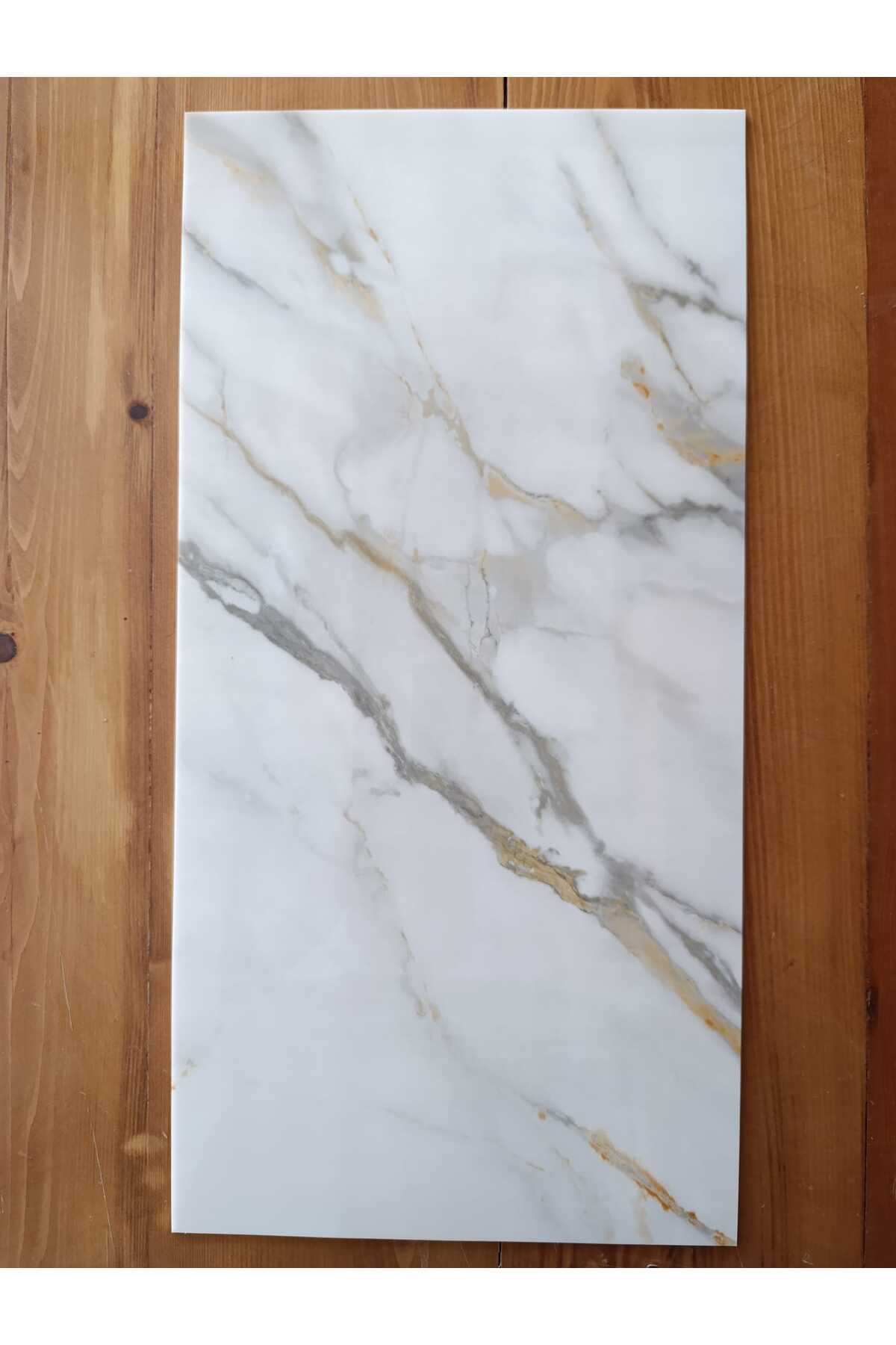 30x60cm Sarı-Gri Mermer Desenli Yapışkanlı Seramik Desen Mutfak Banyo Wc Pvc Duvar Kaplama Paneli