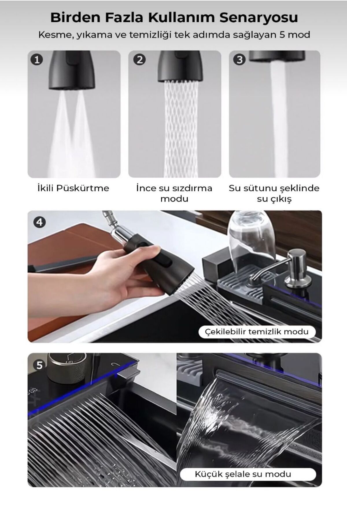 Evole Dijital Ledli Akıllı Eviye Seti 7 Fonksiyonlu Su Çıkış