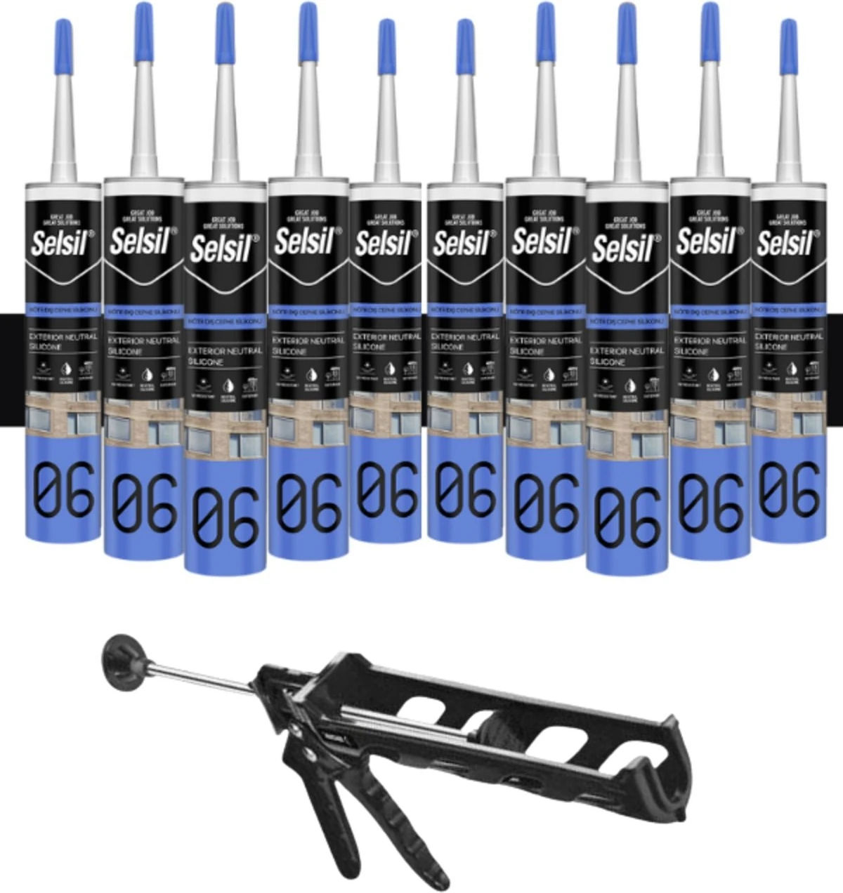 Nötr Cephe Silikonu 300 ml Siyah (10 Adet), Plastik Tabanca