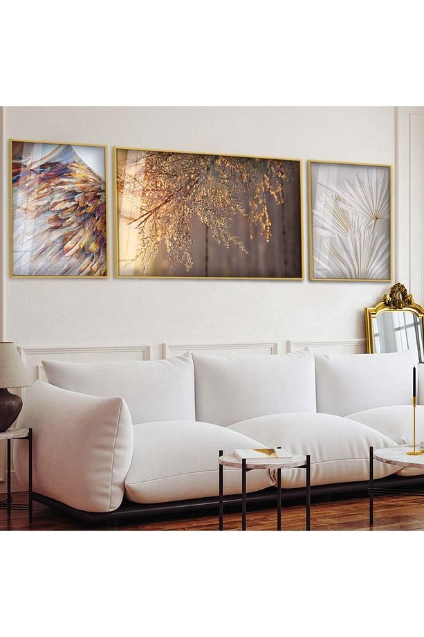 Gold Metal Çerçeveli Modern Çizim Çiçek Üçlü Kırılmaz Cam Tablo Seti