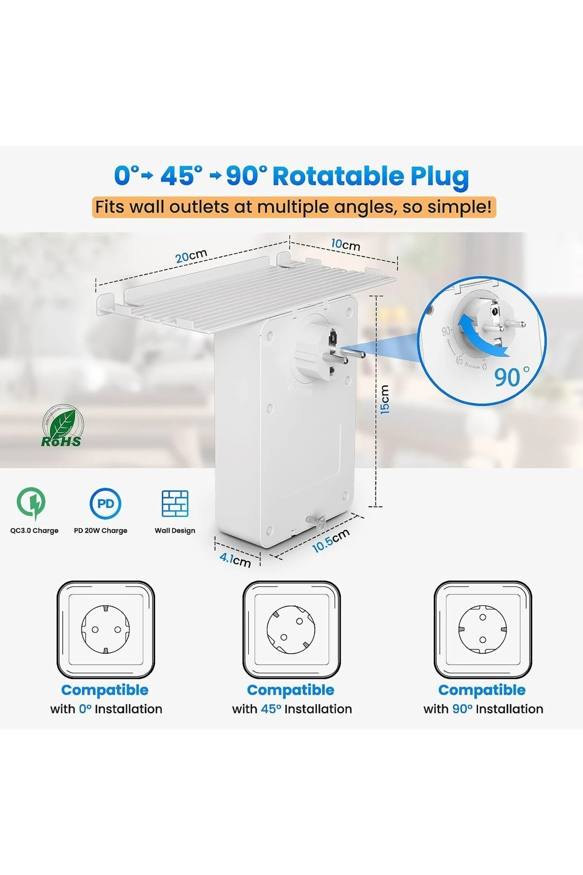 Anahtarlı Çoklu Priz USB C, Akım Korumalı Topraklı Hızlı şarjlı, Priz çoklayıcı Adaptör, Beyaz
