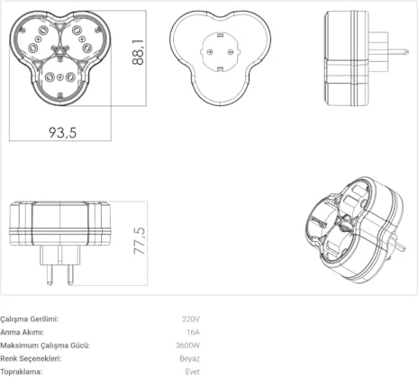 3&apos;lü Topraklı Papatya Priz, Beyaz Çoklu Elektrik Prizi, 3 Yuvalı Grup Priz