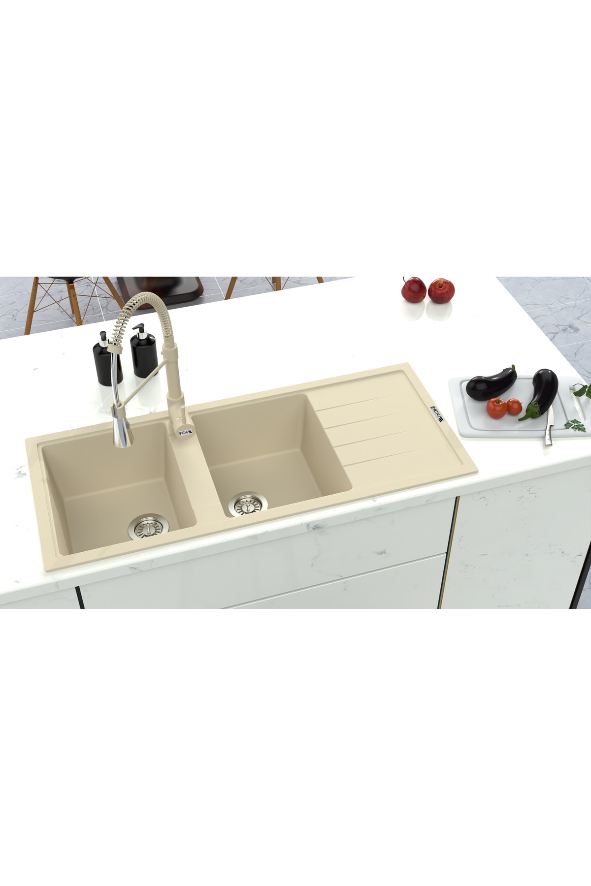 Granit Eviye 2 Gözlü SİYAH 116x50 Granit Evye Kuvars