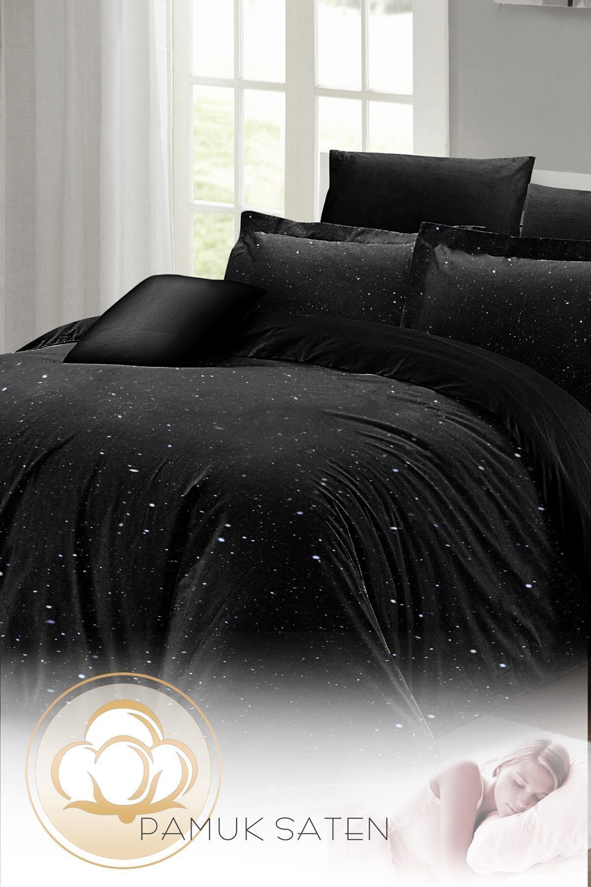 %100 Pamuk-saten Starly Night Lastikli Çarşaflı Çift Kişilik Nevresim Takımı