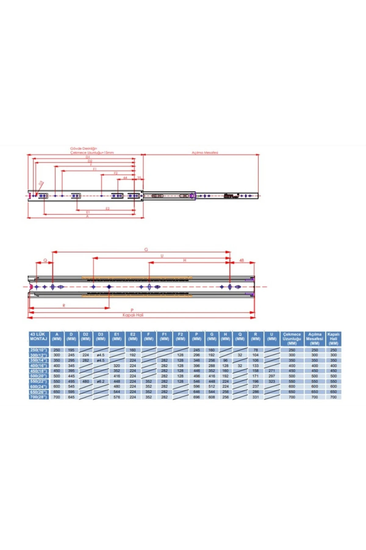 Bilyalı Tam Açılım 45mm 60lık (MİNNES) -15 Takım