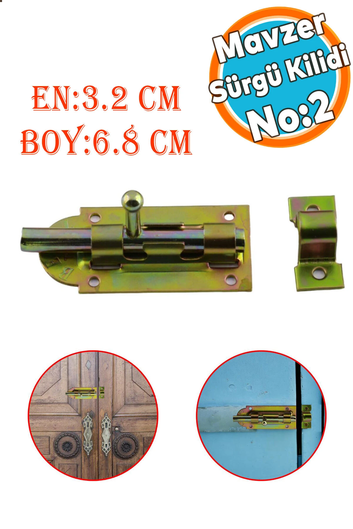 Sürgü Mavzer No:2 Kilit Kadmiyum 32x68 mm Ahşap Pvc Demir Kapı Pencere Emniyet Mandalı Kilidi