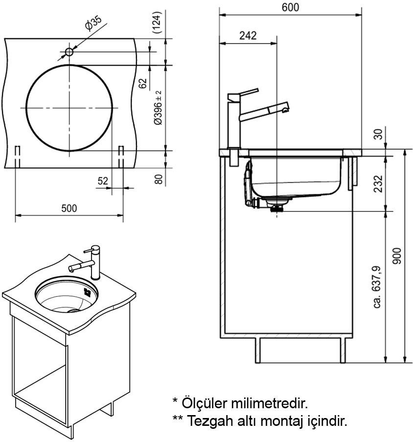 Rondo Rox 610-110-38 Paslanmaz Çelik Evye, Tezgah Altı, 38CM