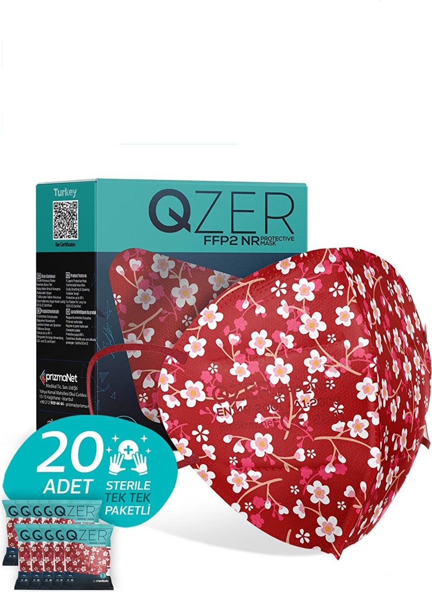 Qzer Kırmızı Çiçek Desenli Ffp2 N95 Maske 5 Katmanlı