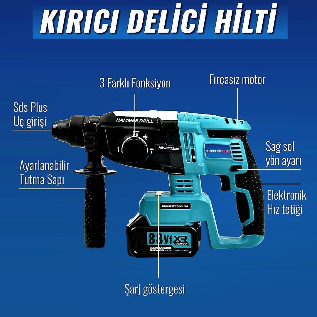 Akülü Süper 6lı Set Makina 88VF 5AH 125MM Avuç Taşlama, Sds Plus Kırıcı Delic, Somun Sıkma Sökme, Vidalama Matkap, Budama Testere, Budama Makası EEA397