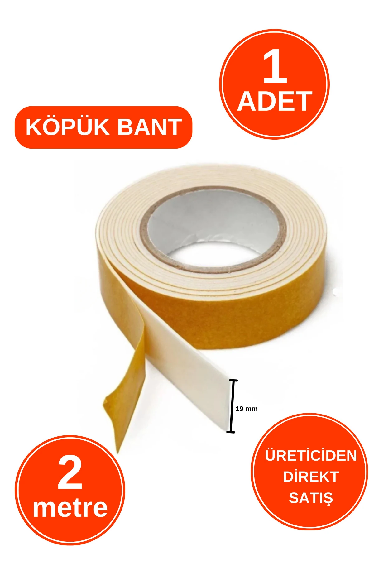 1 ADET Süngerli Çift Taraflı Ultra Yapışkan Iç Dış Mekan Tamir Çok Amaçlı Köpük Bant 2 Mt 19 Mm