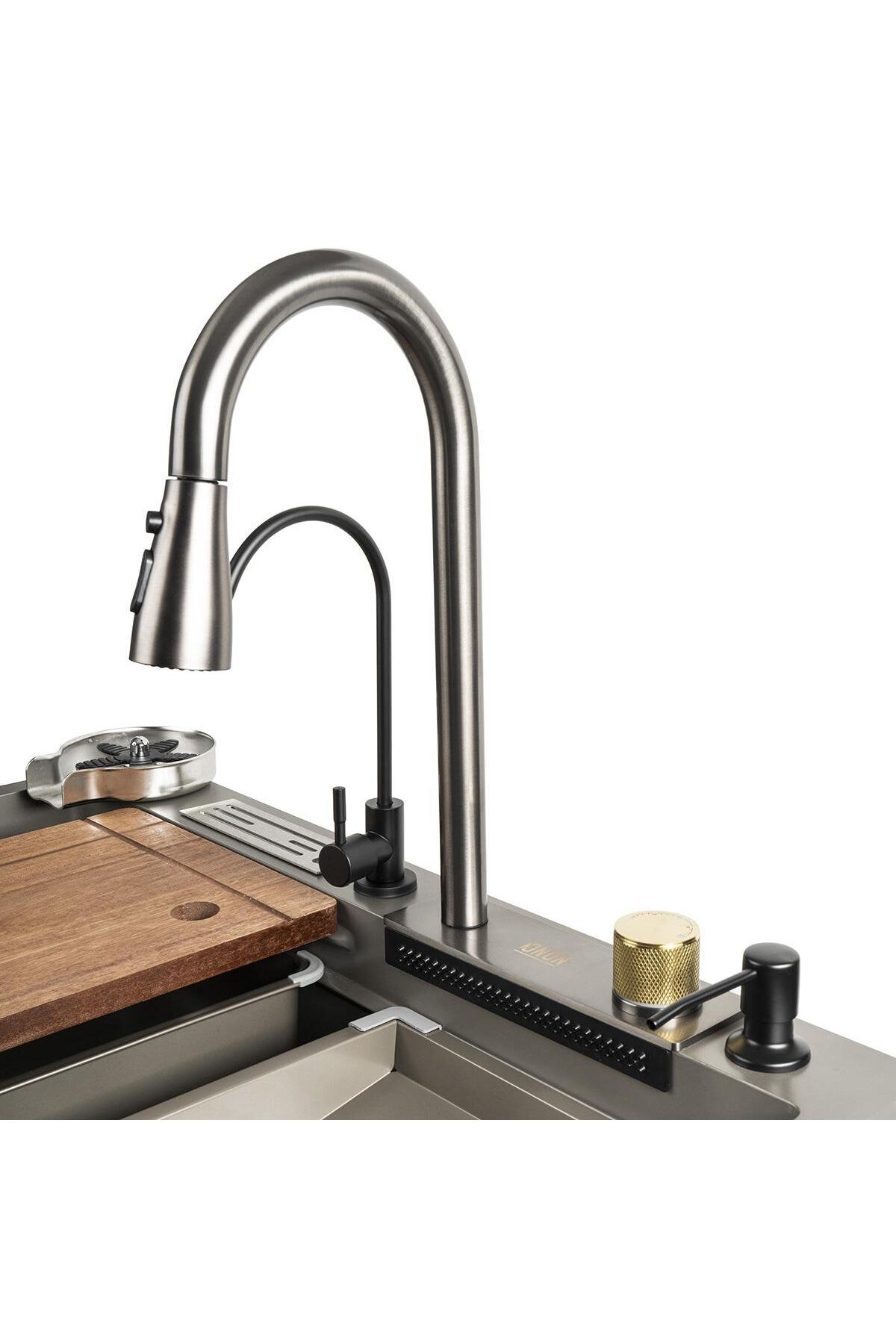 ONON PASLANMAZ ÇELİK AKILLI EVYE ANTRASİT GRİ ŞELALE YENİ NESİL SUS304 BIÇAKLIK  BARDAK YIKAMA