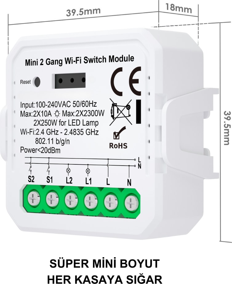 Tuya Uyumlu Ikili Wifi Akıllı Anahtar ( 2X10A / 220V Röle) Çift Çıkışlı, Anahtar Girişli, Google Asistan , Alexa Destekli