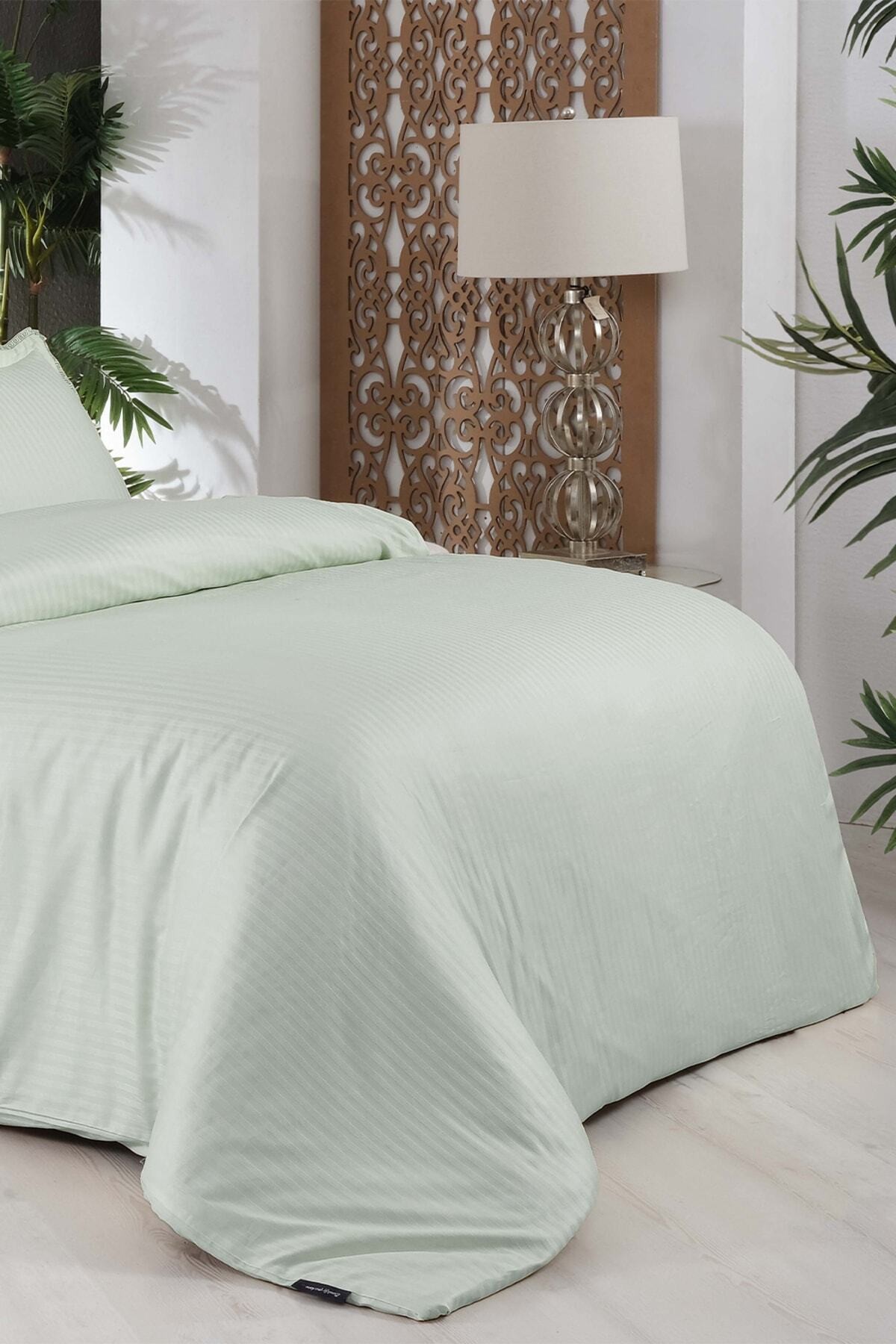Jacquard Stripe Yeşil Çift Kişilik 260 Tc %100 Pamuk Saten Nevresim Takımı