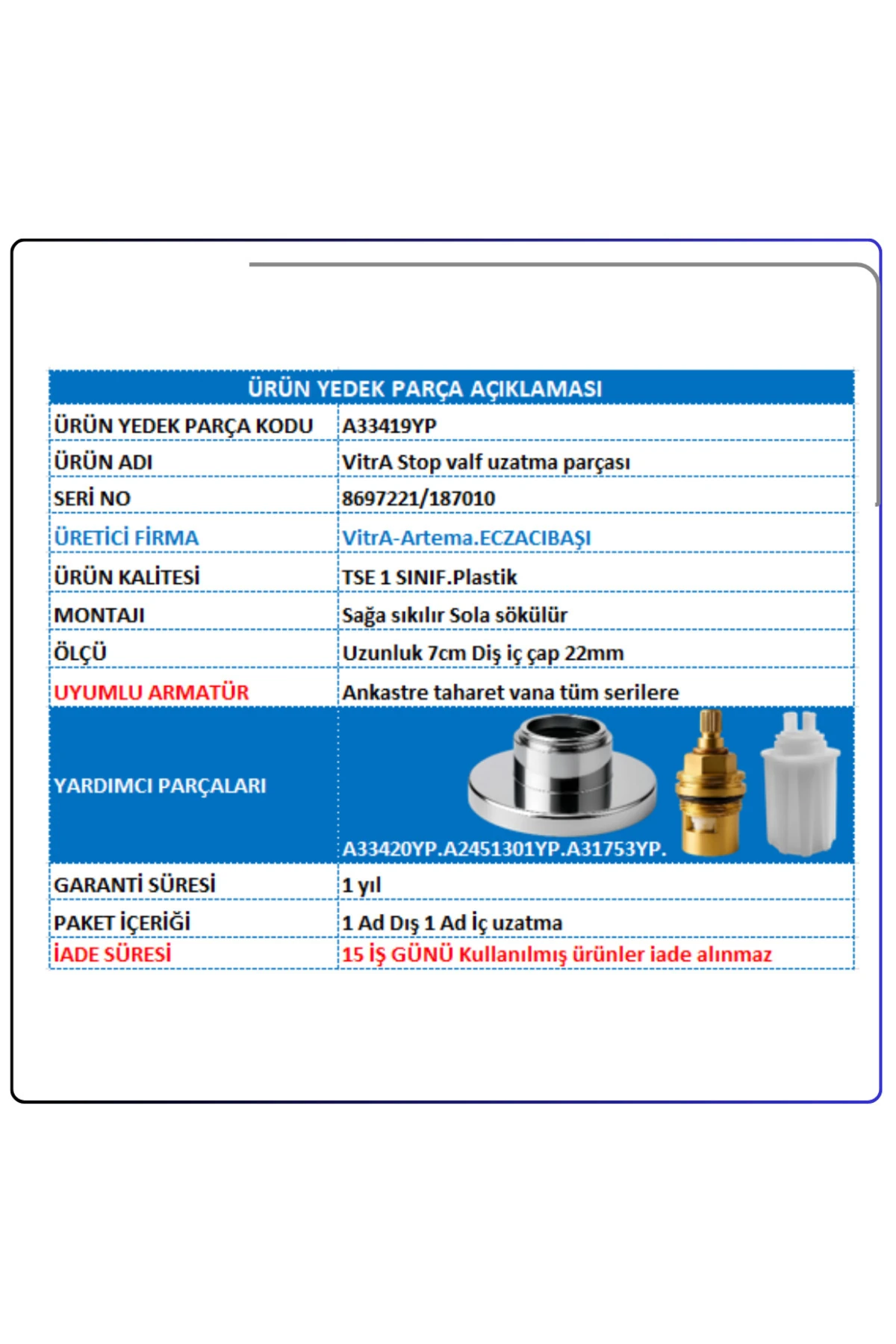 A33419YP VitrA Stop valf uzatma parçası