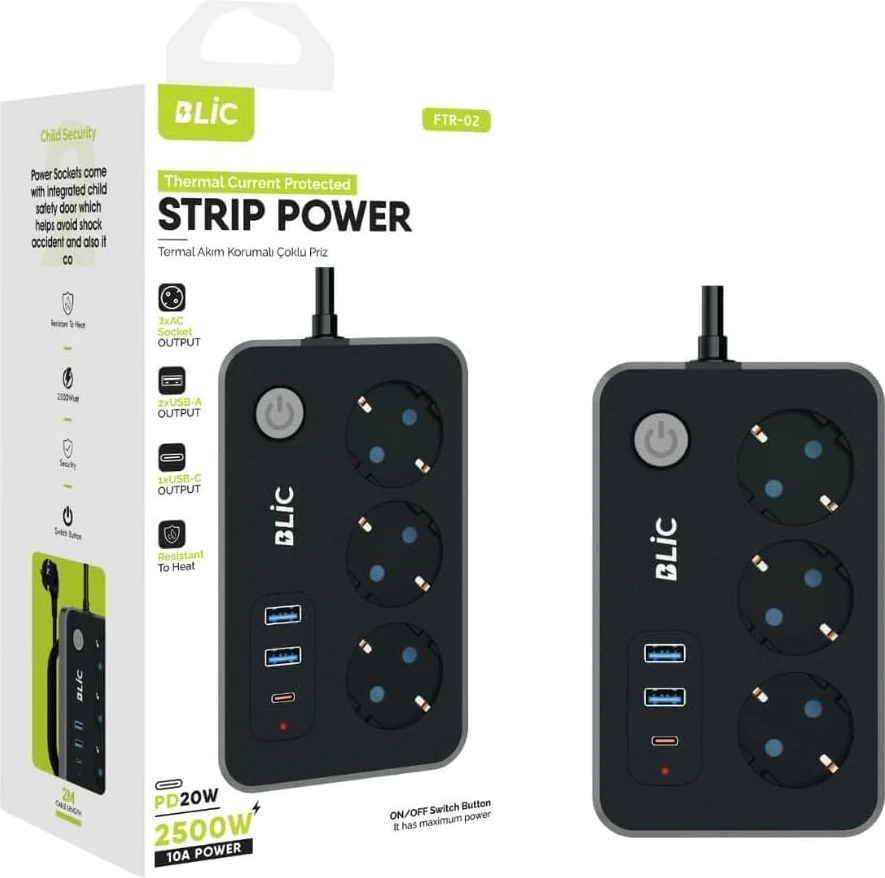Korumalı Priz, 3x Priz Soketi, 2x USB Girişi, 1x Type-C Girişi, Tasarruflu Uzatma Kablosu, Çocuk Korumalı (2 Metre)