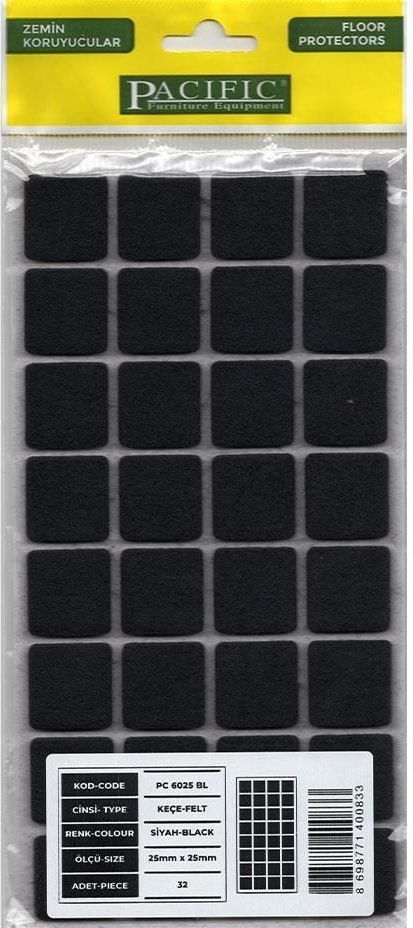 Pacific 6025 Bl Yapışkanlı Keçe 25 mm x 25 mm Siyah