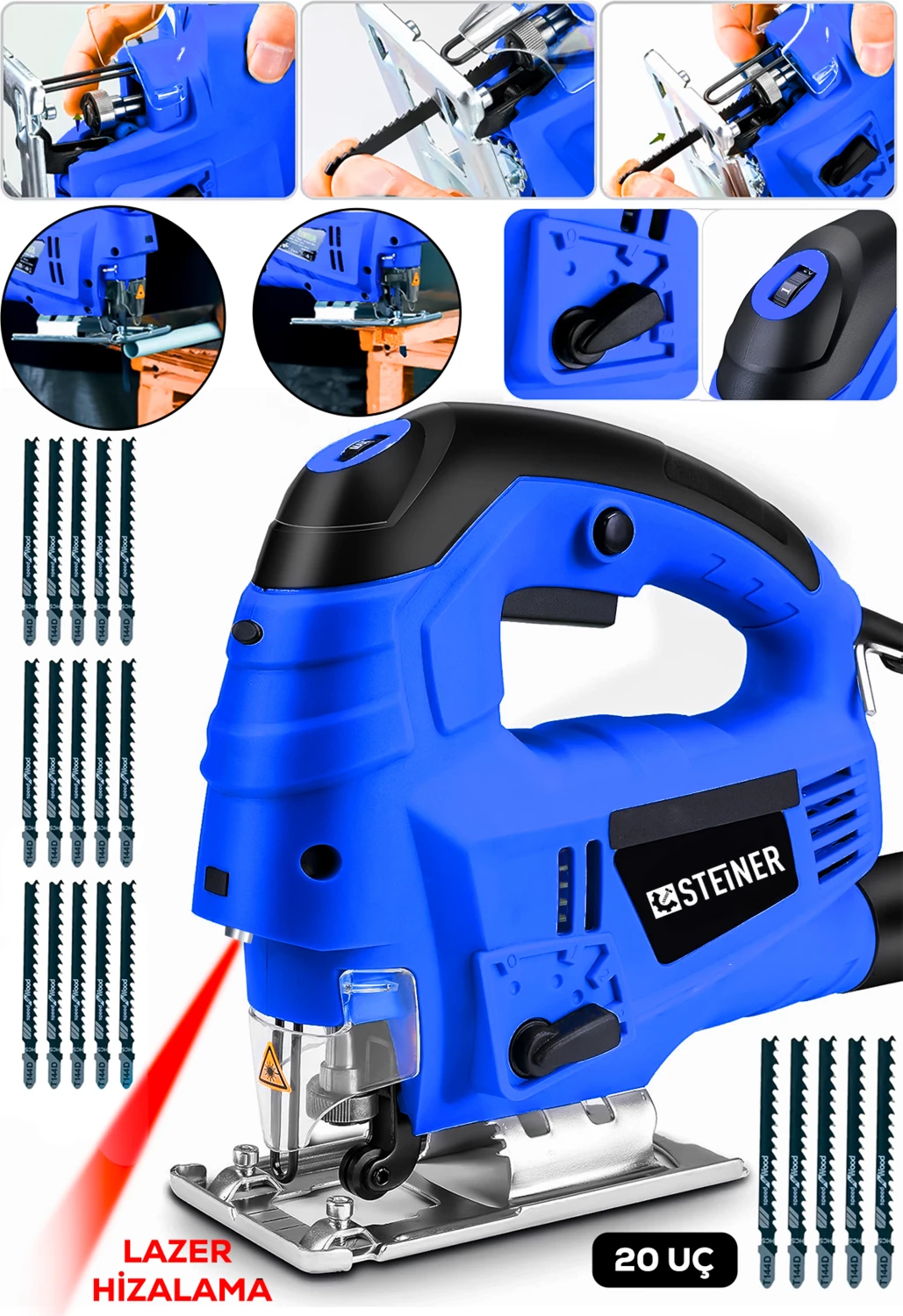 Alman 4600 W Lazerli Sjs Metal Şanzuman 6 Kademe Devirli Pandül Ayarlı Dekupaj Testere Makinesi Mavi + 20UÇ