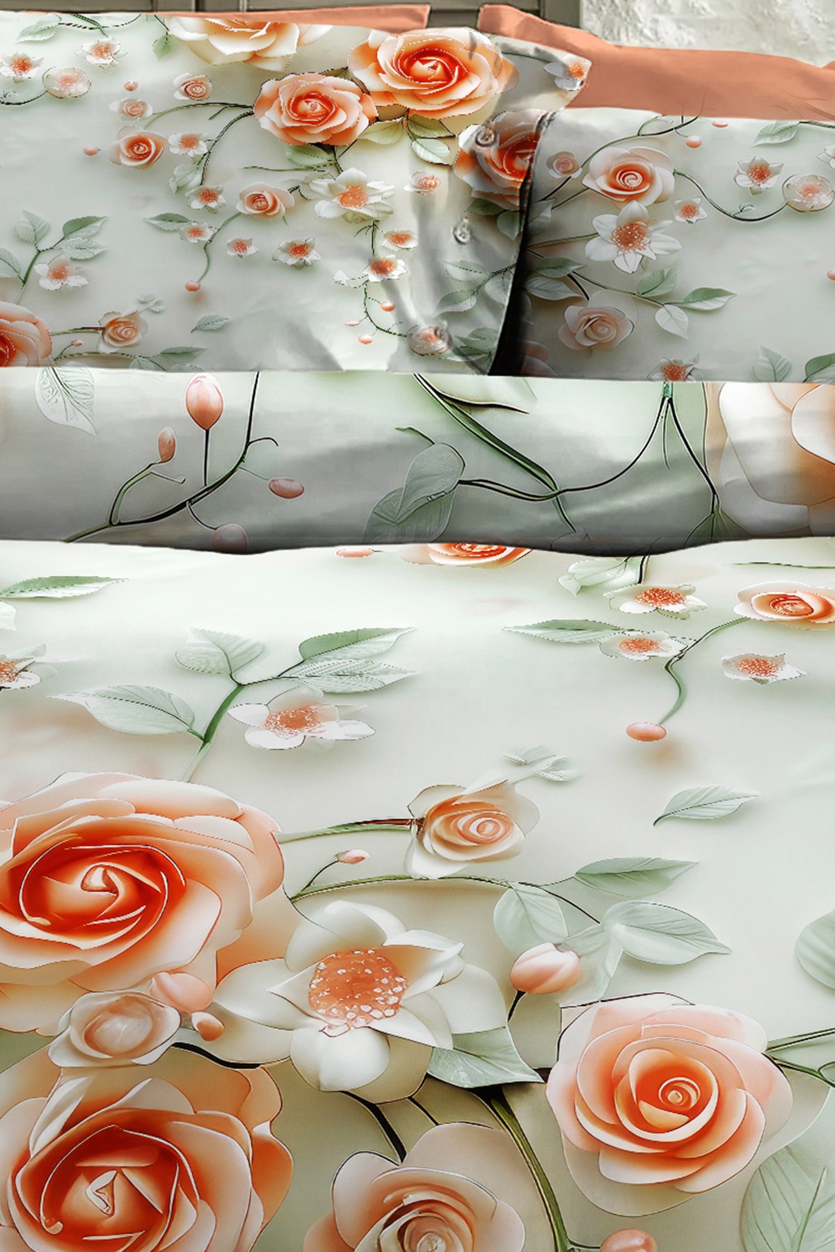 %100 Pamuk Ranforce Çeyizlik Luxury 5d Dijital Çift Kişilik Nevresim Takımı Salmon Flowers