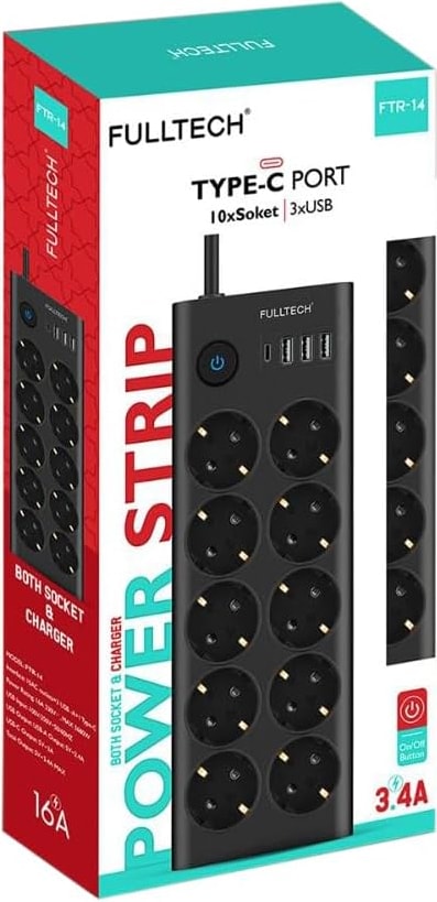 Type-C Port Girişli Akım Korumalı 10'lu Priz, 3 Usb, 1 Type-C Giriş, Isıya Dayanıklı, Ftr-14