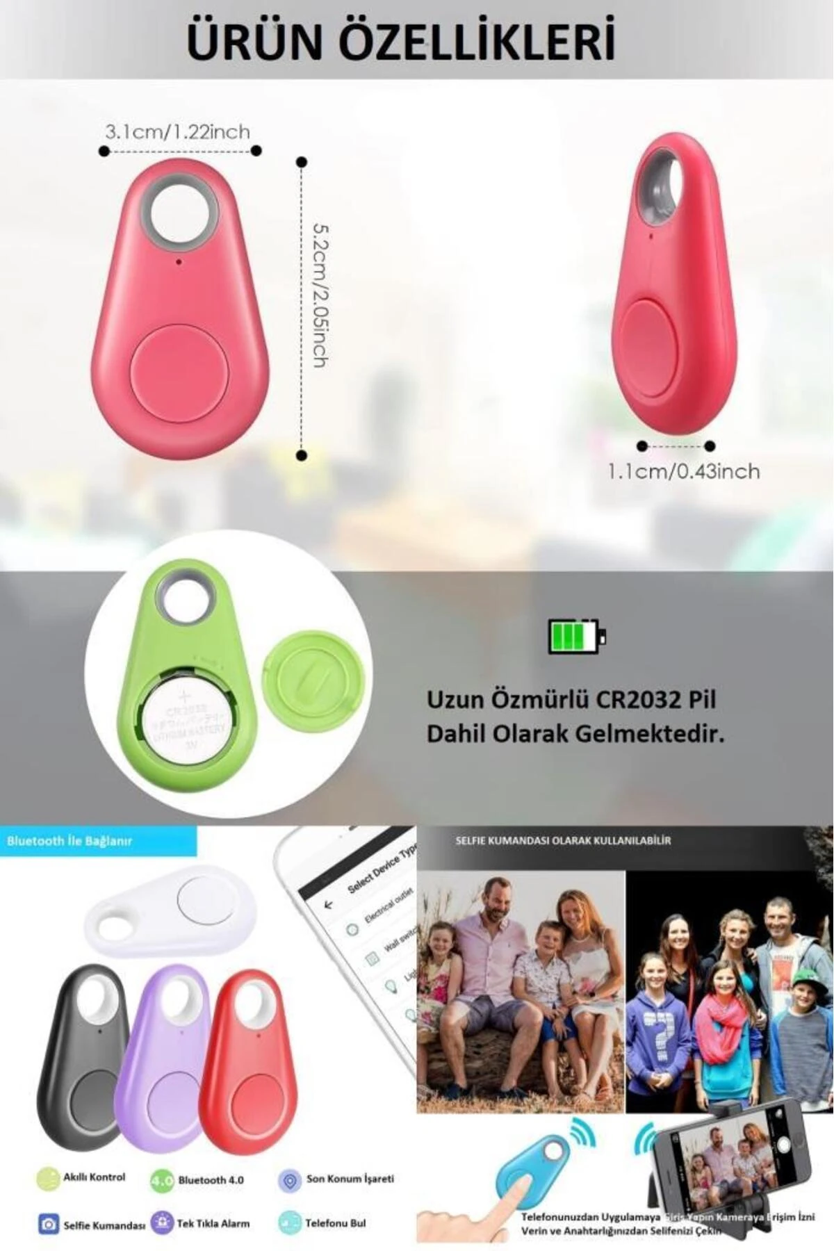Alarmlı Kayıp Eşya Bulucu Akıllı Anahtarlık Selfie Çekim Kumandası Akıllı Anahtarlık
