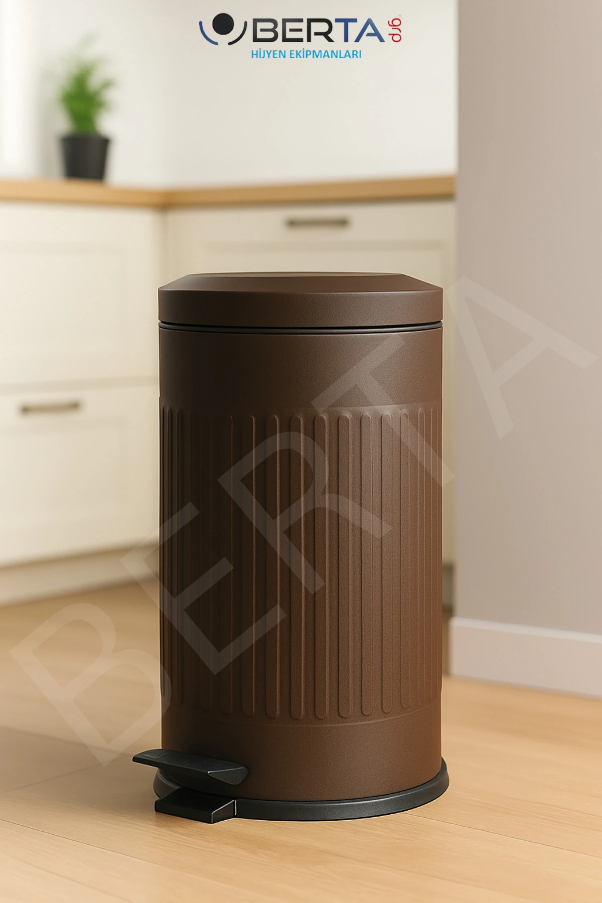 Vintage Cappucino Çöp Kovası Amortisörlü Kapak Çizgili Lüks Model 16lt Kahverengi