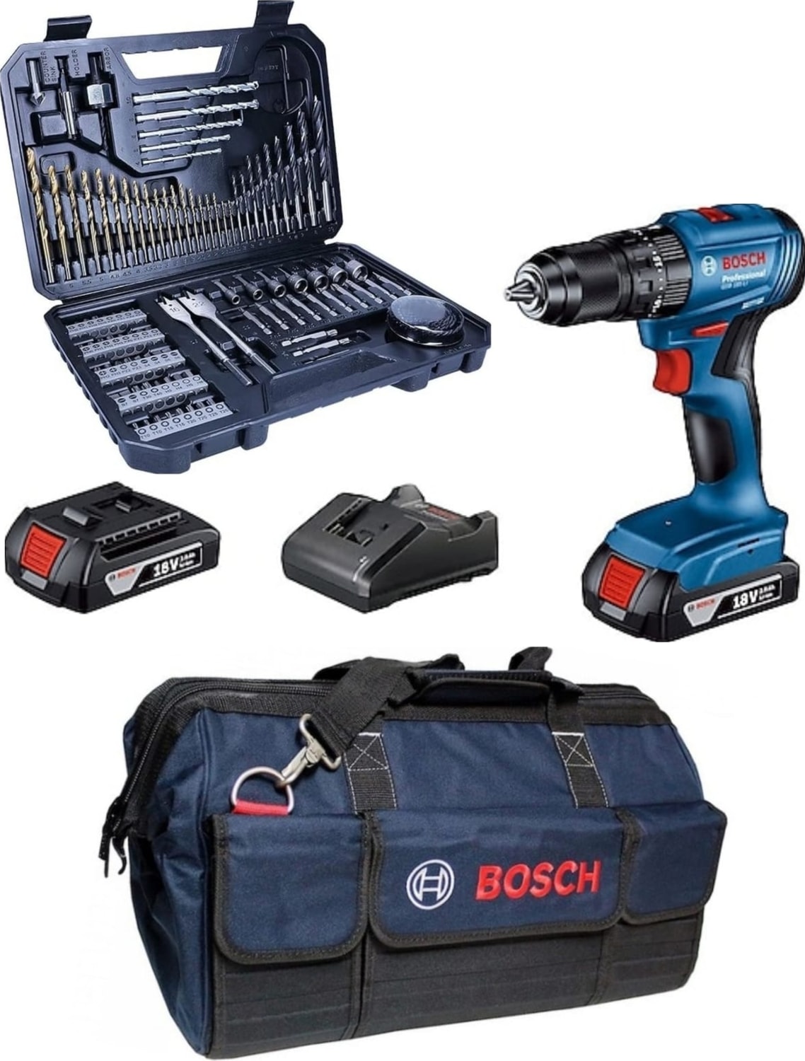 BOSCH Gsb 185-LI Çift Batarya Şarjlı Darbeli Kömürsüz Matkap Vidalama 103 Parça Uç ve Çanta Hediye