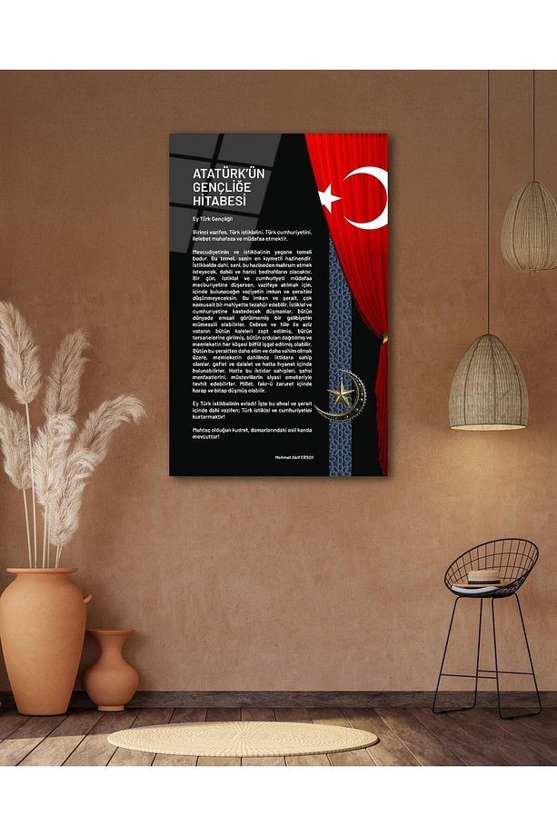 Atatürk'ün Gençliğe Hitabesi Cam Tablo Modern Ev Ofis Salon Hediyelik Büyük Tablo Duvar Dekoru