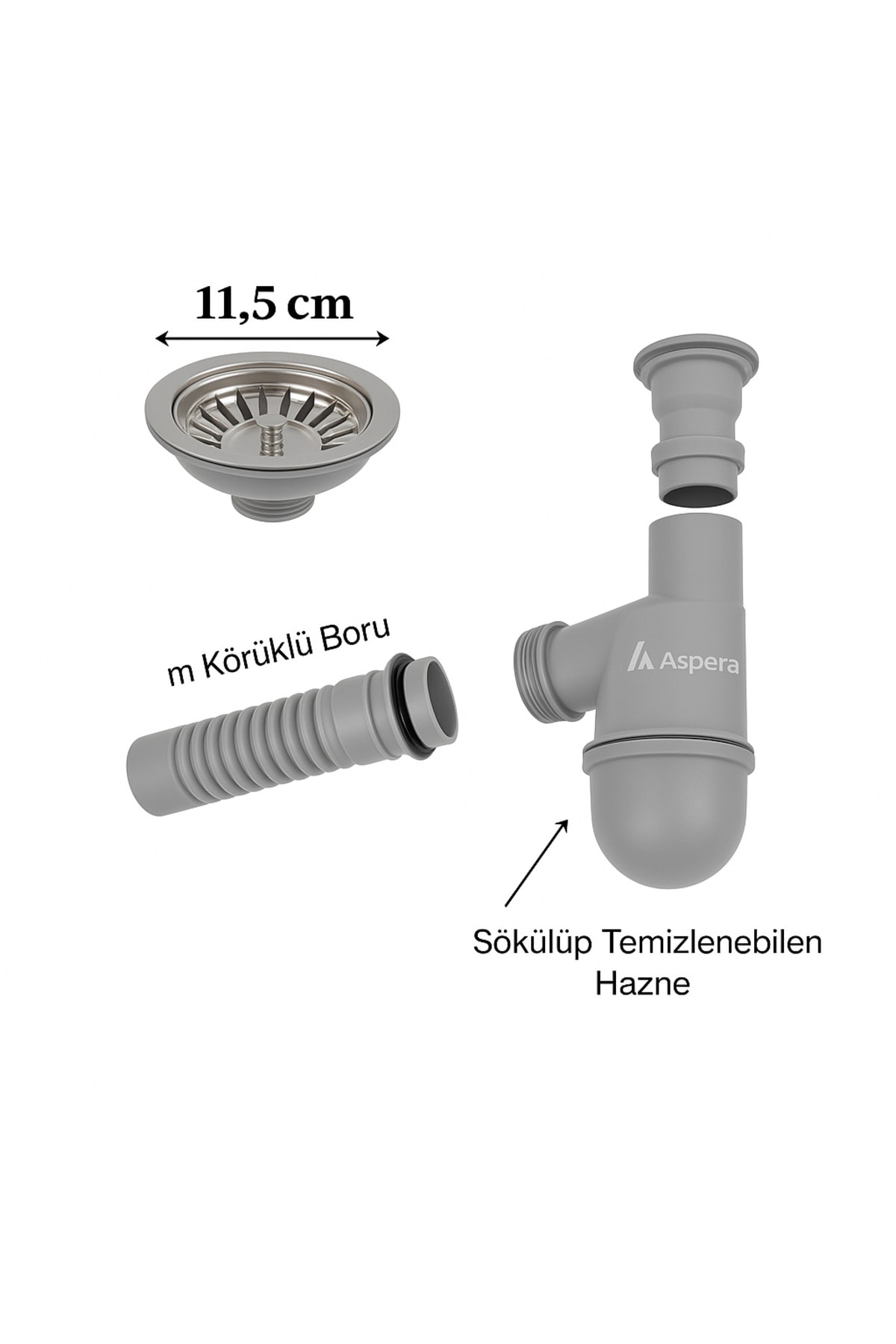 TASLI Çöpmak Evye Sifonu – Gri Renk, Koku Önleyici, Temizlenebilir ve Şık Lavabo Altı Kovası