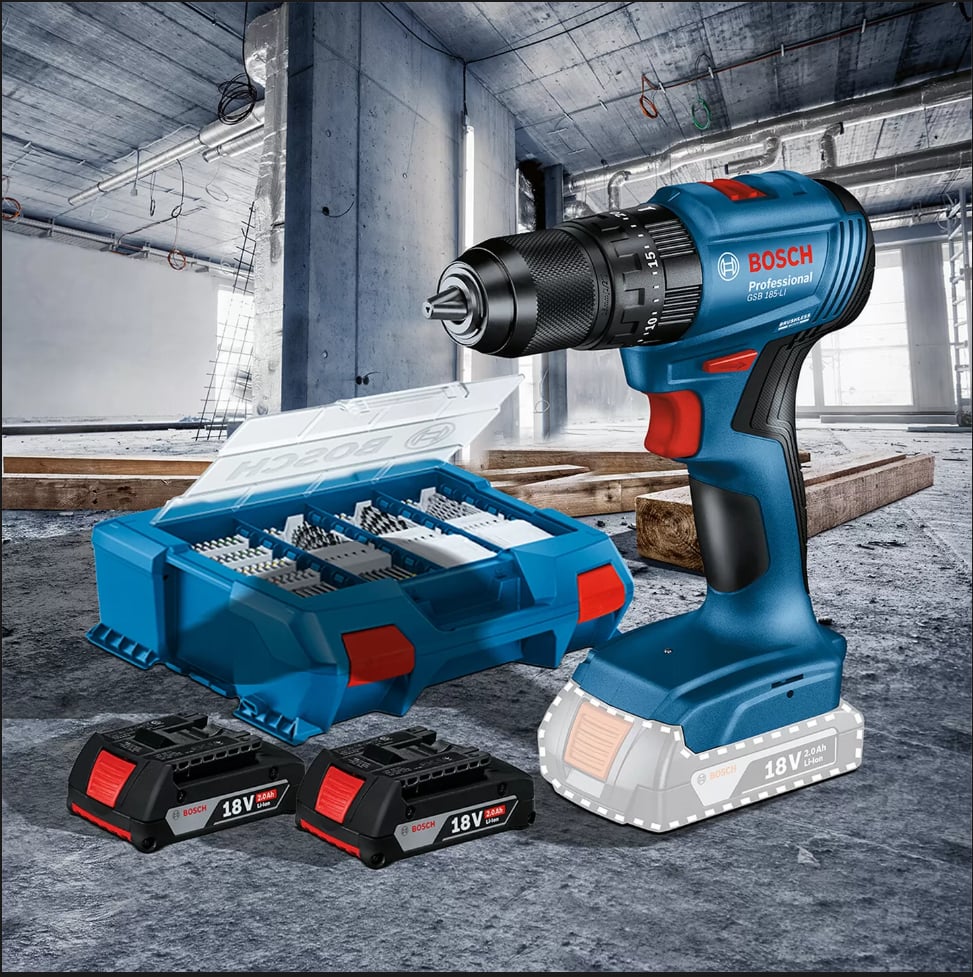 BOSCH Gsb 185-LI Kömürsüz Darbeli Çift Akülü(2* 2.0 Ah ) Matkap +82 Parça Uç Seti