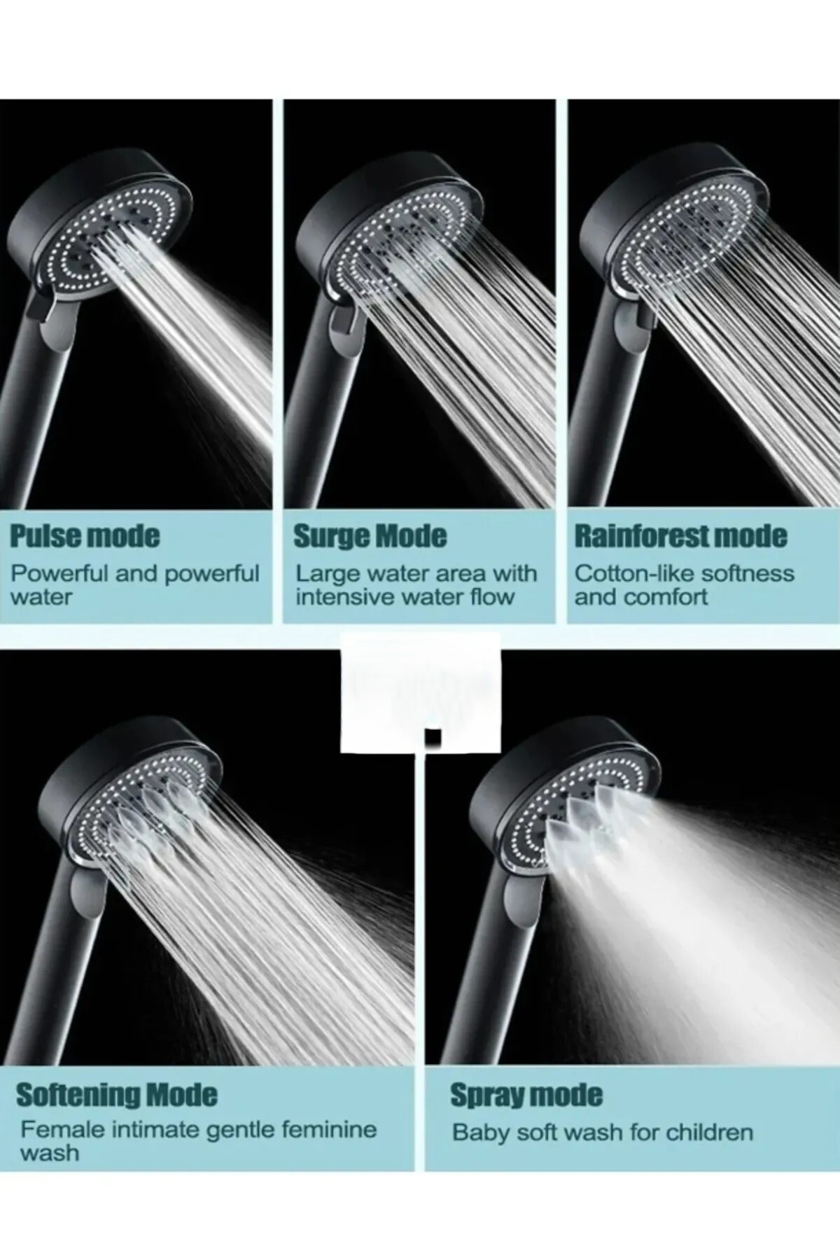 5 Fonksiyonlu Siyah Duş Başlığı Seti – PVC Hortumlu Yüksek Basınçlı Su Tasarruflu