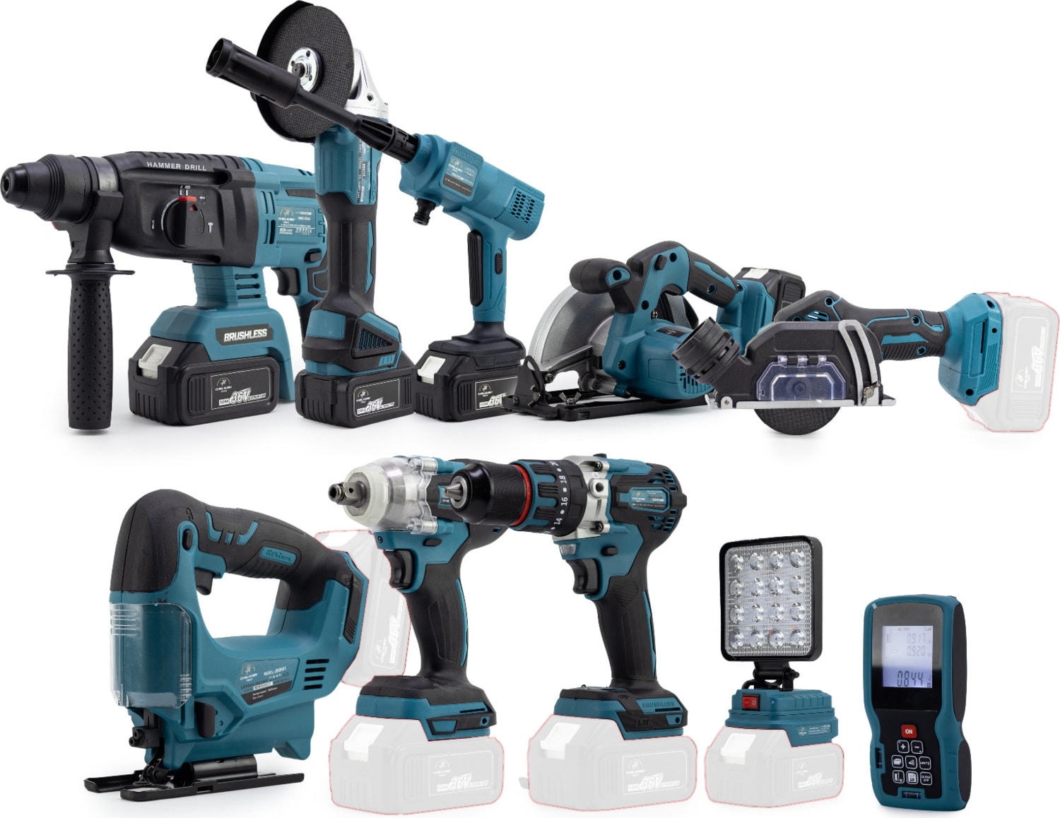 Onlu Set (Led Işık + Kırıcı Delici Matkap+Avuç Taşlama+Somun Sıkma+Vidalama+Sunta Kesme+Dekupaj+Lazer Metre+Oto Yıkama+Çok Fonksiyonlu Avuç Taşlama)