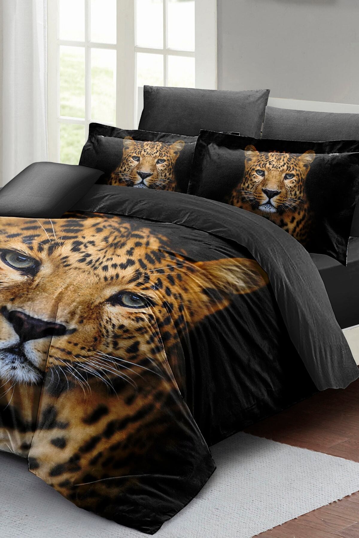 Kıng Sıze Leopar Çift Kişilik Nevresim Takımı %100 Pamuk Saten 3d Özel Tasarım 220x240cm