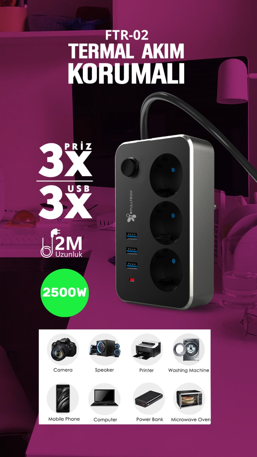 Airstorr Fulltech Ftr-02 2 M 3'lü Termal Akım Korumalı Priz USB