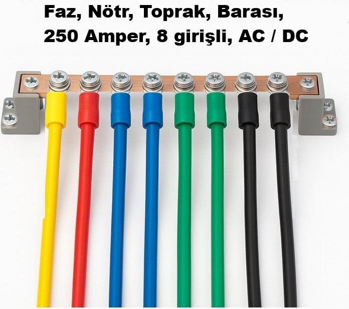 Faz Nötr Toprak Barası 20x4 mm Bakır 8 Civatalı Yanmaz Plastik Ayaklı Bakır Bara 250 Amper AC / DC 5-600 Volt