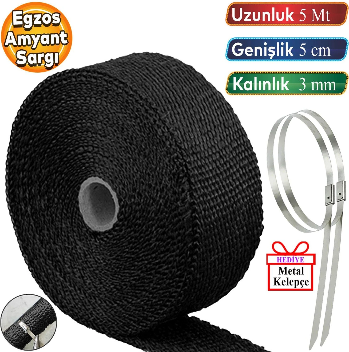 5 Metre 5 Cm Cam Elyaf Eksoz Sargısı Metal Kelepçe Manifold Sargı Bezi Yanmaz Bant Siyah Amyant 3 Mm (Kalınlık)