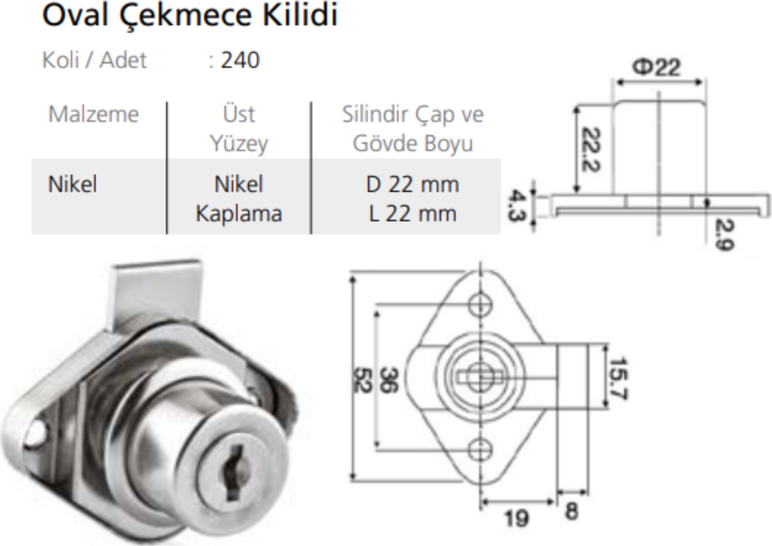 Oval Tip Çekmece Kilidi Nikel