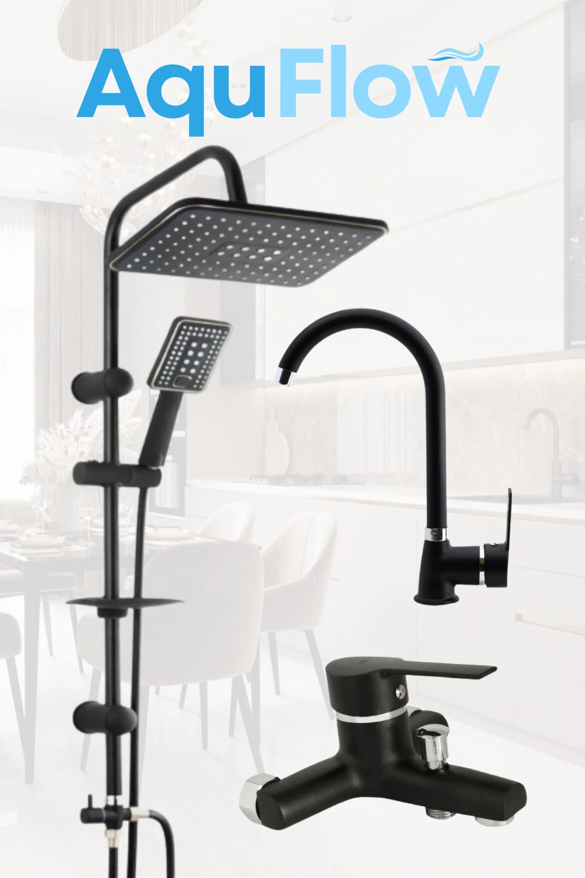 SİYAH ROBOT TEPE YAĞMURLAMA DELTA BANYO - MUTFAK - LAVABO BATARYASI MUSLUĞU ÇEŞMESİ 3lü Set